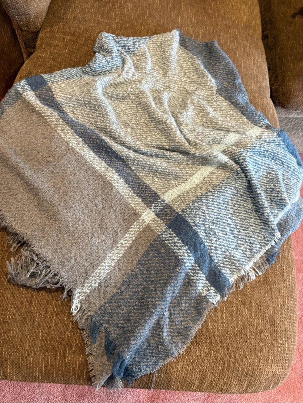 Plaid Hooded Wrap Shawl in Blue and Gray - Picture 8 of 9